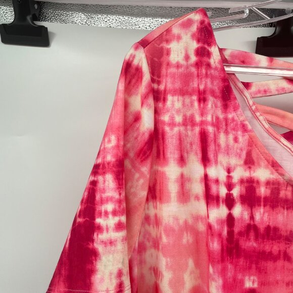 Catherines Tie Dye Midi Shift Dress Short Sleeve Lattice Back Pink/Multi Size 0X - Picture 5 of 8